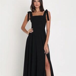 Lulu's Black Maxi Sundress with Slit and Square Neckline